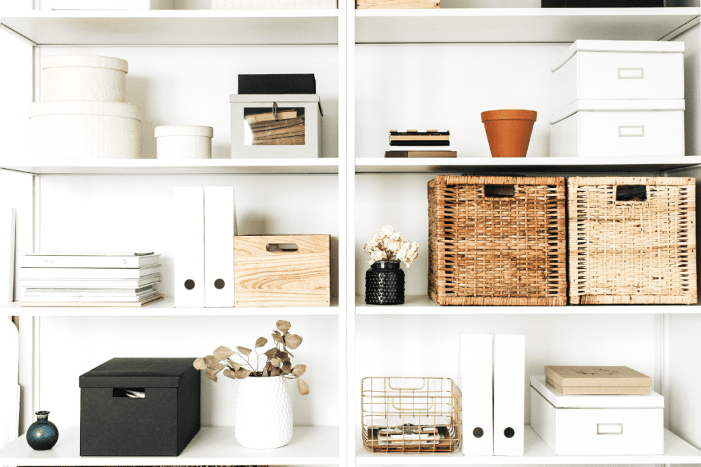 styles bookshelves with boxes and baskets for storage.