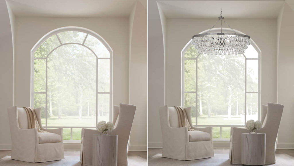 before and after of two lounge chairs against arched window, one with a crystal chandelier and one without