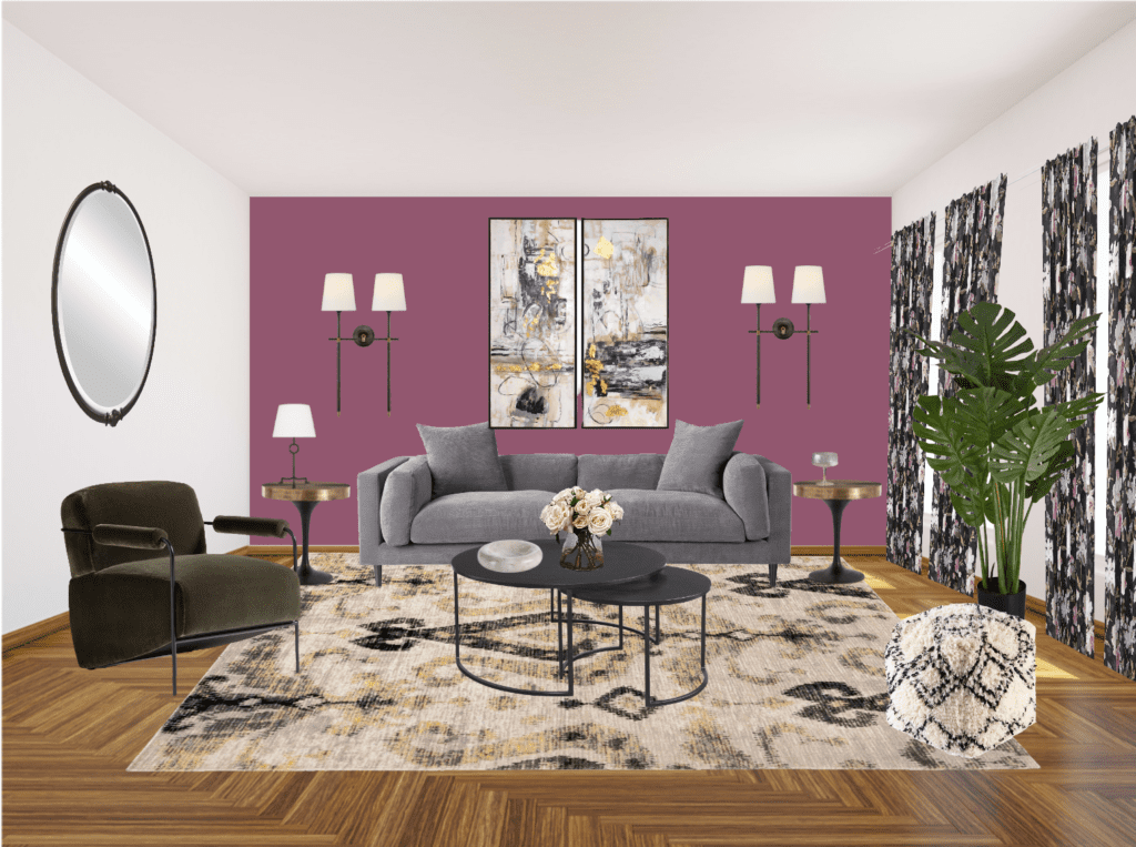 living room design inspiration board with purple and white walls, a gray sofa and green lounge chair, rug, curtains, mirror, and coffee table.