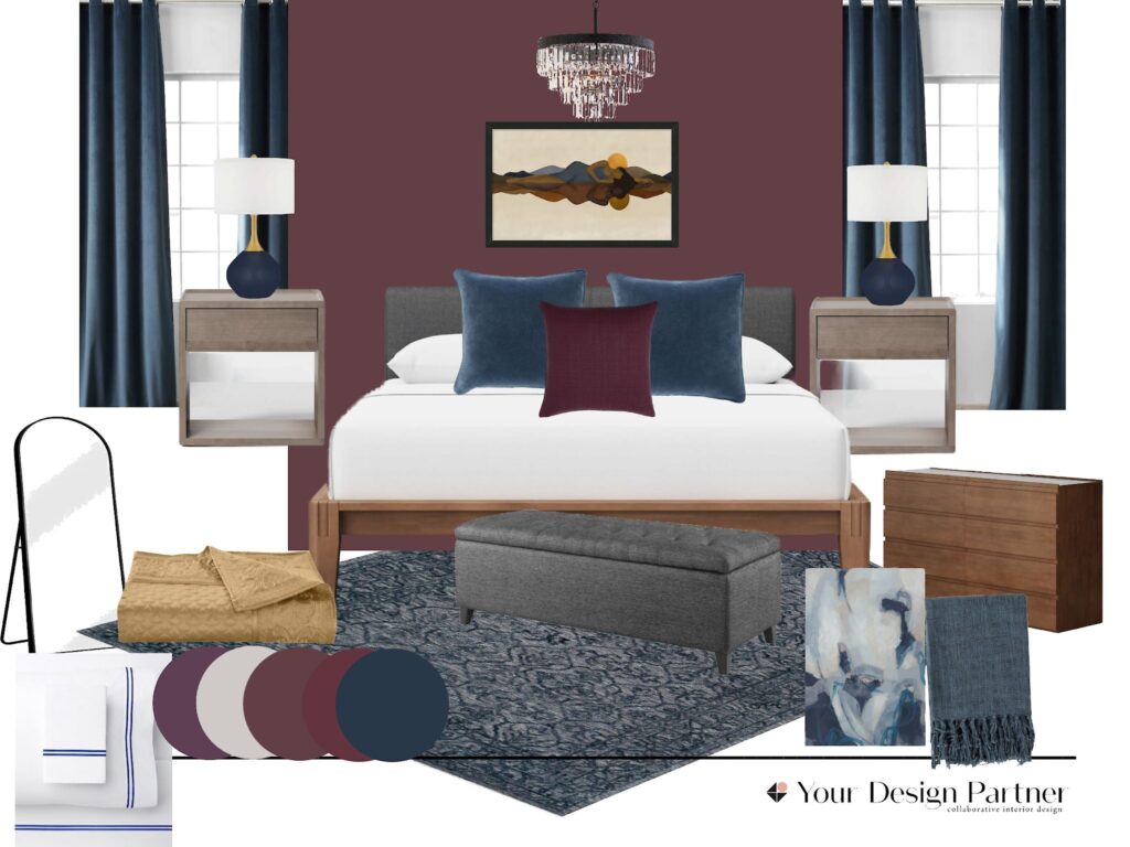 bedroom mood board with a purple wall, dark blue curtains, and furniture and decor suggestions.