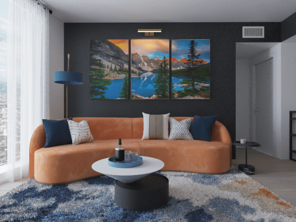 photo realistic rendering of a living room with an orange sofa, blue walls and modern landscape art